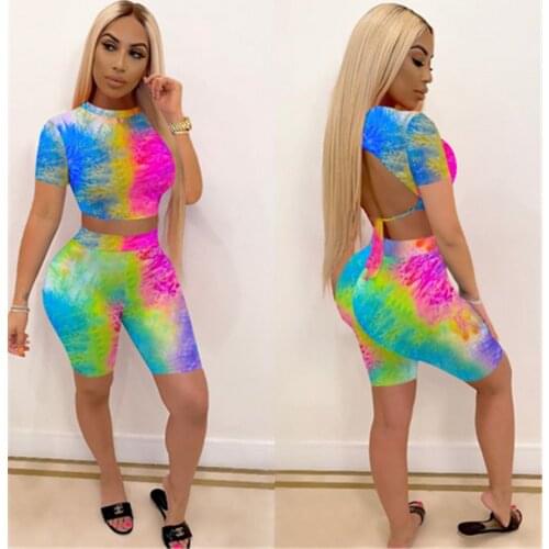 Sexy Women Sports Two Piece Sets 2020 Fashion Tie-dye Lace up Backless Pullover Top and High Waist Tight Shorts Suit