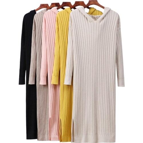 Hooded Long Sweater Dress Knitted Women Mid Dresses Women Long Sleeve Pullovers Female Autumn Winter Dress Casual Jumpers
