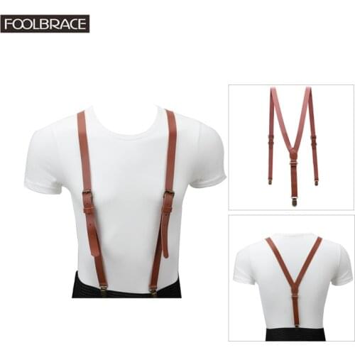 110*2cm Vintage Genuine Leather Suspender Mens/Women Adjustable Belt Bronze Brace Clips On Y-back Braces