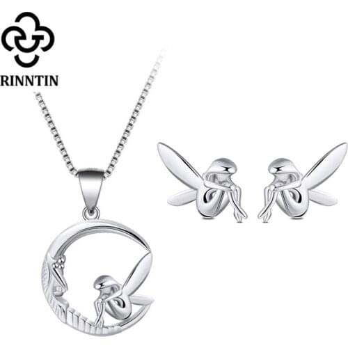 Rinntin 925 Sterling Silver Women Necklaces Pendants Original Design Moon with Fairy Shape Pendant Fine Jewelry TSN106