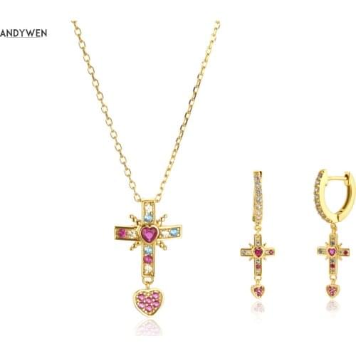 ANDYWEN 925 Sterling Silver Gold Rose Cross Pendiente Drop Earring Zircon Colorful Cross Pendant Long Chain Necklace Jewelry Set
