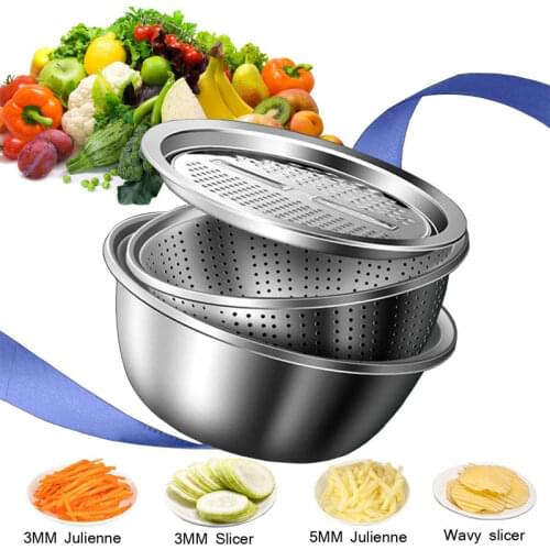 3 in 1 Vegetable Slicer Cutter Drain Basket Stainless Steel Vegetable Julienne Grater Salad Maker Bowl