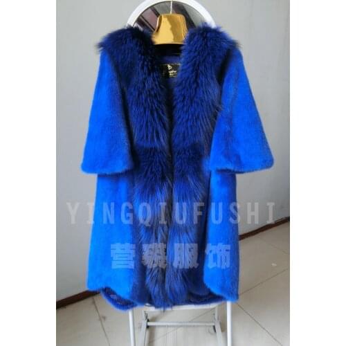 Women real mink fur coat large fox fur collar plus size mink fur outerwear medium-long marten overcoat female