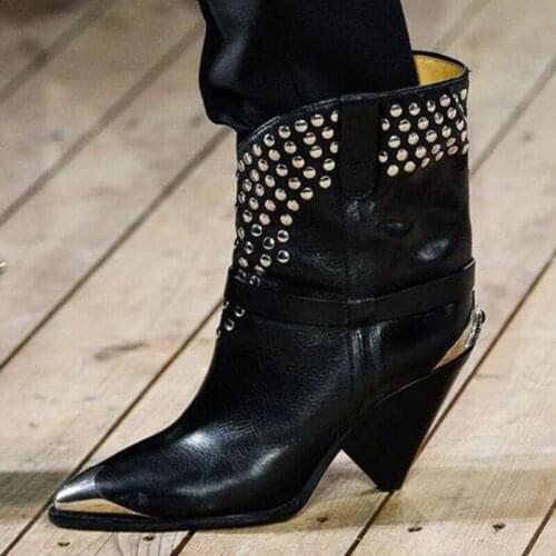 New Chic Women Metal Pointed Toe Martin Ankle Boots Ladies Iron Rivets Studs Spike Heels Shoes Women Slip-on Motorcycle Boots