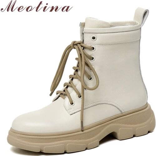 Meotina Ankle Motorcycle Boots Women Real Leather Lace Up Shoes Thick Med Heel Boots Platform Round Toe Shoes Autumn Winter 41