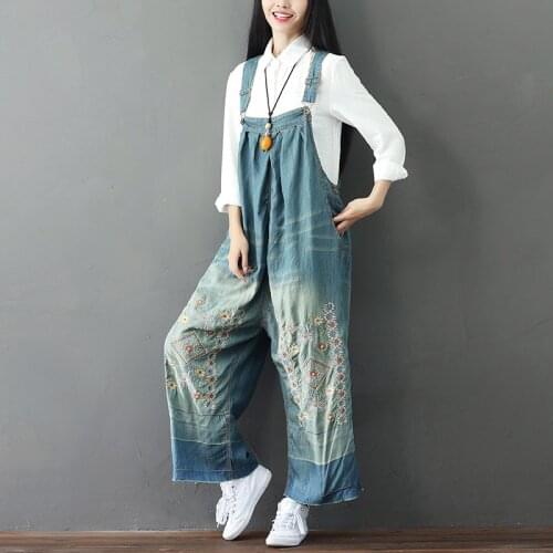 Female embroidery Denim Jumpsuits Casual Wide Leg jean Pants Overalls Large size Suspenders Bib Pants Rompers