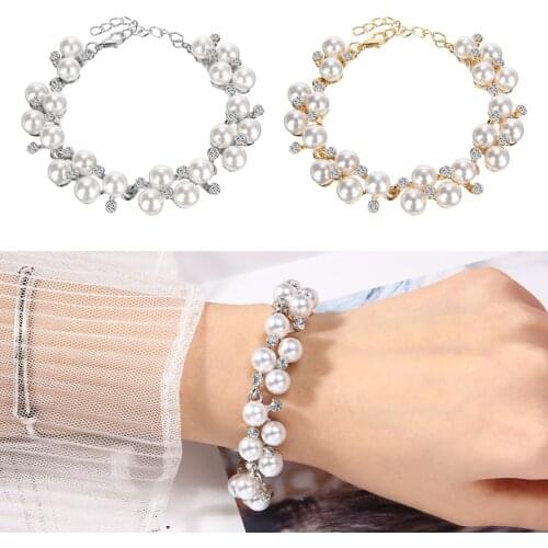 Women Fashion Rhinestone Crystal Bracelet Simulated Pearl Wedding Jewelry Bride Bohemia Beaded Banquet Party Accessories
