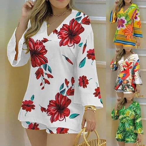 2021 Womens Two Piece Set V Neck Sleeveless Crop Top Shorts Suit Printing Casual Women Set Summer Blouse Shirt Sport Outfit