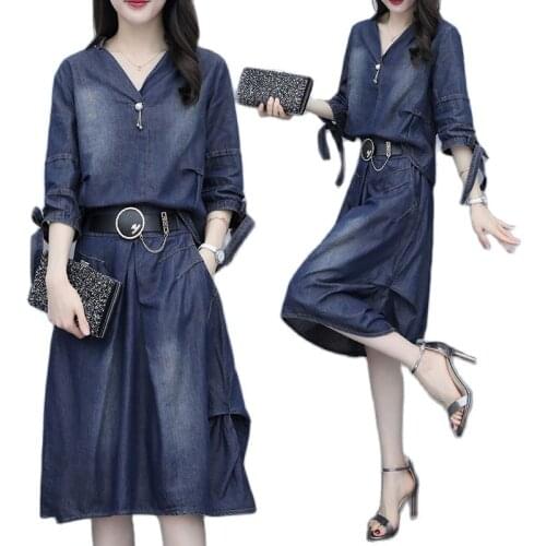 Plus size womens fashion suit 2020 new spring temperament V-neck short sleeve denim jacket lady skirt two-piece cothes female