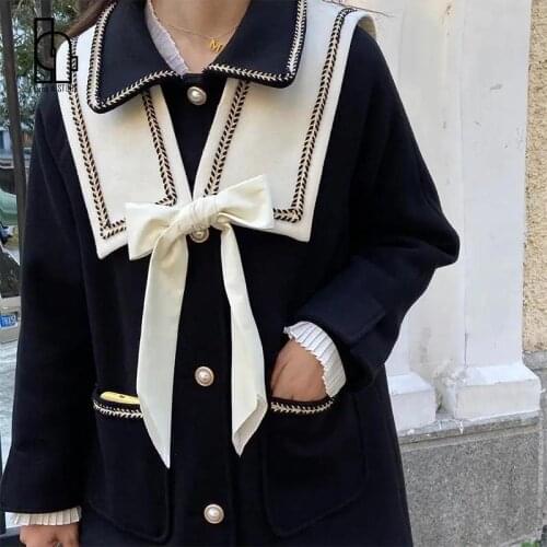 Luck A 2021 Women Elegant Thic Warm Woolen Coats Female Preppy Style Japanese Jackets Lady Sailor Collar Cute Winter Outerwear
