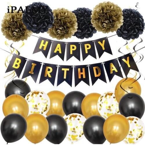 29PCS Black and Gold Party Decorations with Paper Pom Poms Birthday Banner Hanging Swirl Latex Balloon