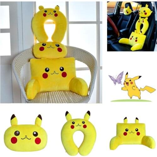 3pcs Pokemon Pikachu Car Seat Headrest Pillow Auto Car Neck Pillow Seat Head Support Lumbar Support For Office Chair Cushion