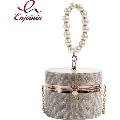 Diamond Acrylic Round Party Clutch Evening Bag for Women Pearl Handles Female Purses and Handbags Small Shoulder Crossbody Bag