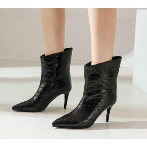 Women Shoes Winter Autumn Spring Sexy High Heel Boots Ladies Crocodile Pattern PU Pointed Toe Stiletto Western Boots High Heels