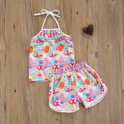 2-7Years Girls Sleeveless Clothes Set Floral/Pineapple Print Tops + Elastic Waist/Drawstring Short Pants