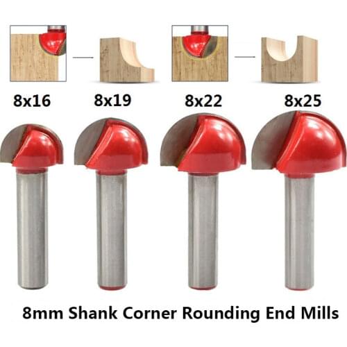 8mm Shank Red Corner Rounding End Mills 16/19/22/25mm Core Box Router Bit For Wood Ball Nose End Mill Radius Milling Cutters