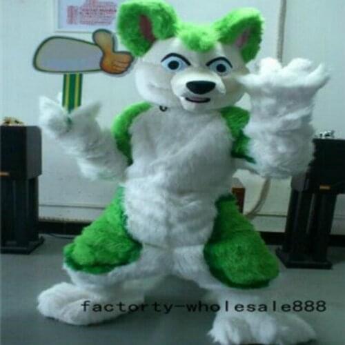 Green Husky Dog Mascot Costume Long Fur Fox Cosplay Dress Furry Suits Party Game Fursuit Outfits Carnival Halloween Xmas Easter