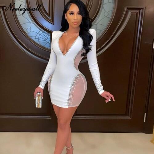 Neeleywall Beautiful Mesh Insert Crystal Embellished Dress New Elegant White Sequins Padded Tight Party Dress Chirstamas Outfits