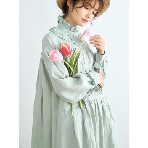 Mani Mori happy stand collar lotus leaf side long sleeve French Mori dress linen dress