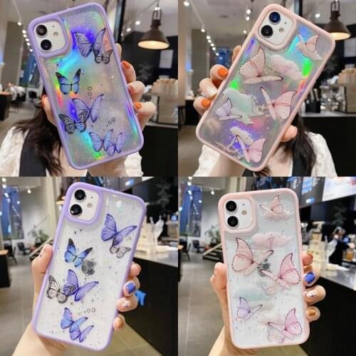 Cute Laser Card Butterfly Phone Case for IPhone 12 11 Pro Max X XR XS Max 6 6S 7 8 Plus SE 2020 Glitter Soft Clear TPU Cover