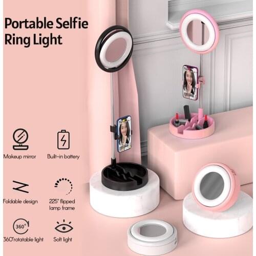 Selfie Ring Light Circle Lamp Fill Light with Makeup Mirror Round Base Phone Holder 3 Colors Light for Photography Ring Light