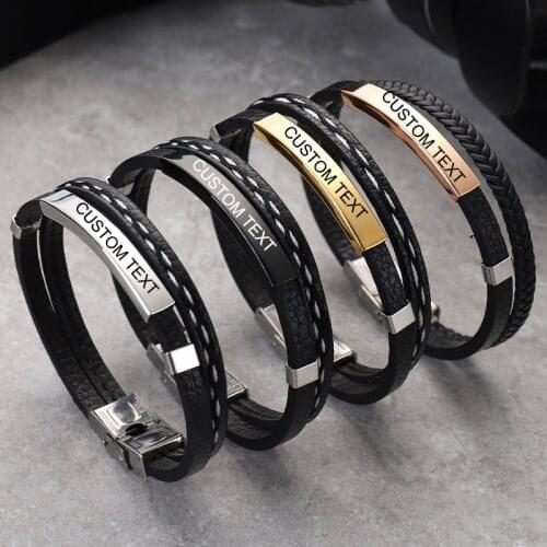 Customizable Multi Layer Leather Bracelets for Men Jewelry Engraving Stainless Steel Personalized Bracelet & Bangles