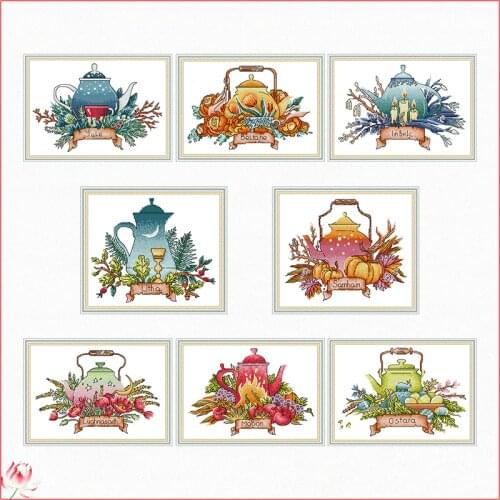 Cross Stitch Kit Embroidery Needlework Teapot Series Pattern Stamped Pattern 11CT 14CT Printed Counted Crafts Decoration Sewing