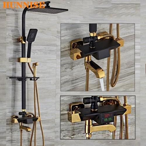 Thermostatic Shower Mixer Set Copper Brass Bathroom Faucet Waterfall Shower Mixer Tap Luxury Black Gold Digital Shower Set