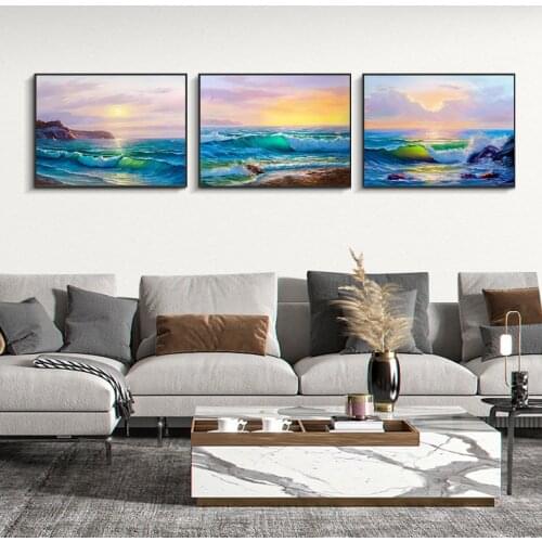 Coast Sunrise Golden Light Coast Decorative Painting Beach Canvas Poster Blue Sea Landscape Painting Wall Hanging Painting Art