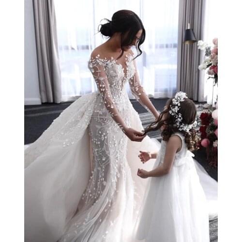 New long Wedding Dresses With Removable Train Long Sleeves Lace Beads Crystal O Neck Bridal Dresses Robe De Mariee Real Video