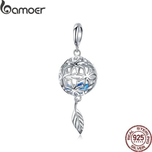 BAMOER Genuine 925 Sterling Silver Preserved Flower Geometric Charms Pendant fit Original Bracelets Bangles DIY Jewelry SCC1123