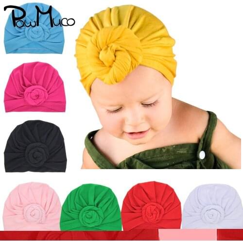 Powmuco 20*18 CM Solid Color Handmade Folded Baby Hats Fashion Rose Flower Infant Turban Caps Toddler Headwear Kids Accessories