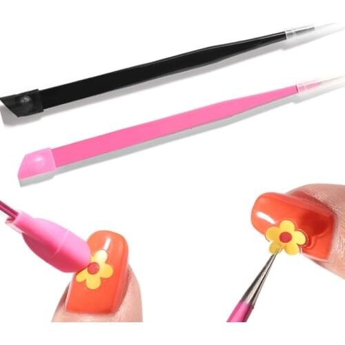 Pink/Black Fine Point Nail Art Sticker Application Tools Nail Tweezers With Silicone Pressing Head DIY Nail Decal Tweezers D007