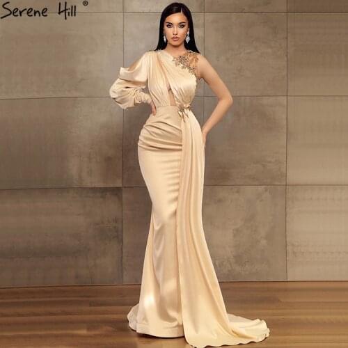 Serene Hill Satin Champagne Sexy Evening Gowns for Women 2020 Mermaid Beading One Shoulder Evening Dress Design BLA70706