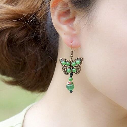 Yanting ethnic bow earrings for women copper color vintage earings jewelry green chalcedony beads pendant earring gift 062