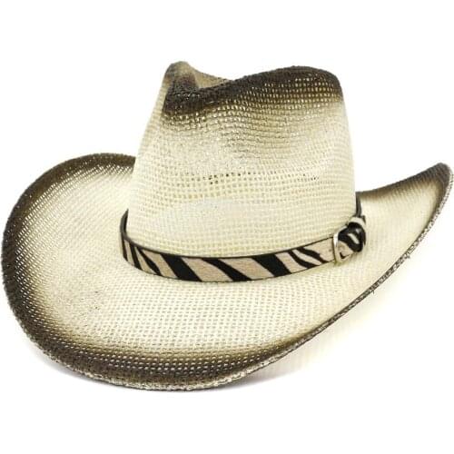 Fashion Black Paint Spraying Western Cowboy Paper Straw Hats for Men Women Wide Brim Beach Sunshade Cap Panama Sombrero Sunhat