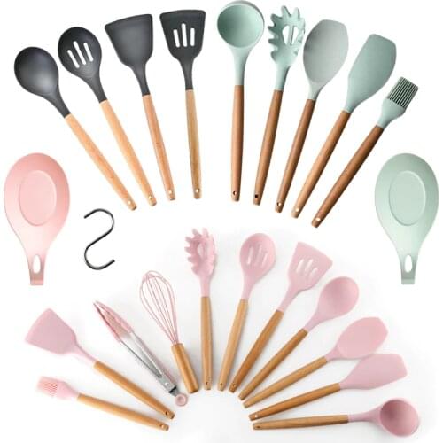 Silicone Wooden handle Turner Soup Spoon Spatula Brush Scraper Pasta Egg Beater Non-stick pan Kitchen Cooking Tools Kitchenware