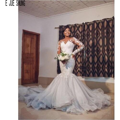 E JUE SHUNG African Mermaid Wedding Dresses Long Sleeves Sheer Scoop Neck Lace Appliques Bridal Gowns robe de mariee Customize