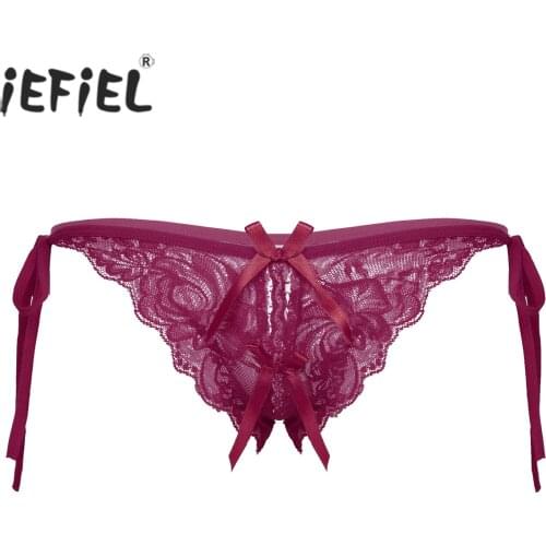 Gay Mens Exotic Lingerie Crotchless G-string Lace-up T-back Sissy Underwear Floral Lace Thong Briefs Open Crotch Sexy Panties
