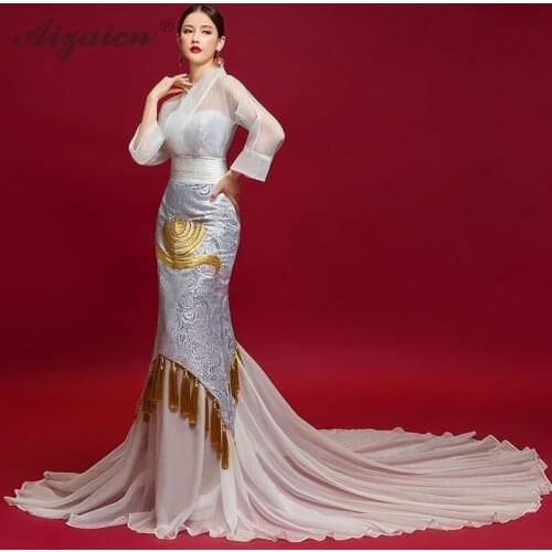 V-neck Burgundy Tulle With Embroidery Mermaid Evening Dresses Qipao Long Cheongsams Chinese Wedding Dress Satin Cheongsam Girl