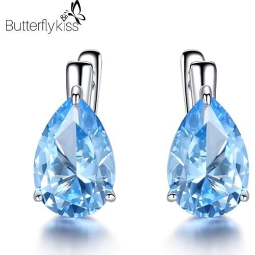BK Fashion Zircon Earrings For Women Girl 925 Sterling Silver Blue Topaz Created Emerald Ear Drop Engagement Promise Jewelry