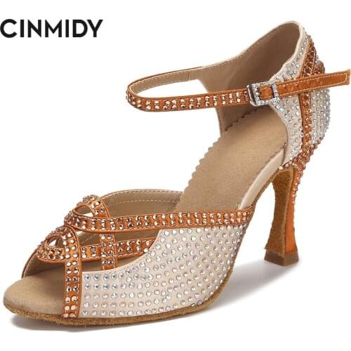 CINMIDY Fashion Rhinestone Latin Dance Shoes Tango Salsa Rumba Samba Ballroom Party Ladies High Heels Soft Sole Women Sandals