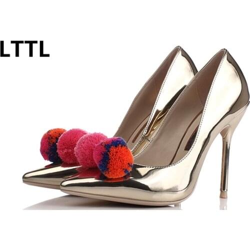 Europe Style New Spring Autumn Colorful Pompoms High Heels beautiful Silver Mirror Pointed Toe Women Pumps all-match Banquet Sho