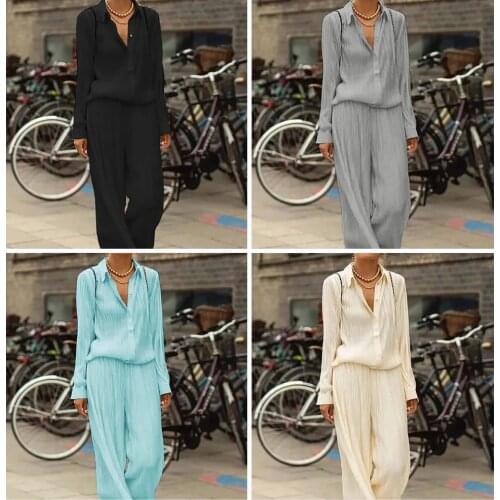 Women Two-piece Set Single Breasted Shirt Long-sleeve Lapel Solid Blouse Loose Wide Leg Pants Elegant Office Lady Suits Outfits