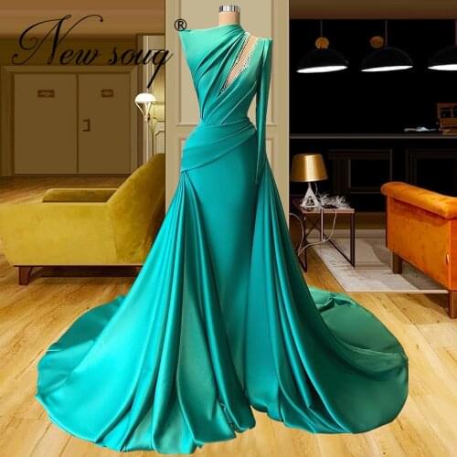 Robe De Soiree Satin Evening Dress 2021 Simple Beads Dubai Arabic Mermaid Long Prom Dresses Saudi Arabia Women Party Gowns