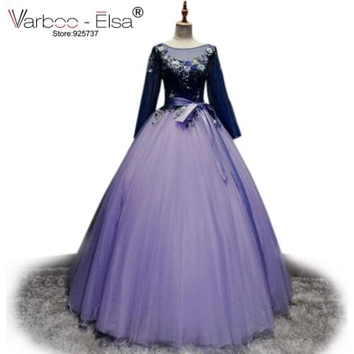 VARBOO_ELSA Custom Long Prom Dress 2018 Elegant Long Sleeve Bow Belt Evening Dress Purple Tulle Party Ball Gown vestido de festa