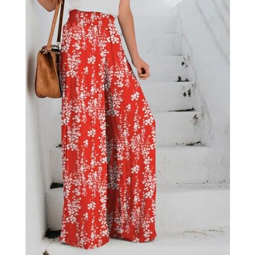 Women Wide Leg Trousers Floral Printed Pants Elastic Waist Long Pant Casual Loose Harajuku Vintage Female Holiday Streetwear D30