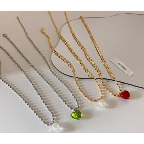 GSOLD Summer Retro Clear Resin Heart Pendant Necklace Simple Gold Silver Color Round Bead Chain Women Clavicle Chain Jewelry