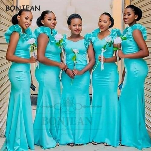 Black Girls Green Bridesmaid Dresses Off-the-Shoulder Elastic Satin 2021 African Bridesmaid Dress Wedding Party Gowns