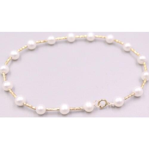 Pure 18K Yellow Gold Natural Freshwater 5.5mm Pearl Bead Chain Bracelet For Woman 18.5cm